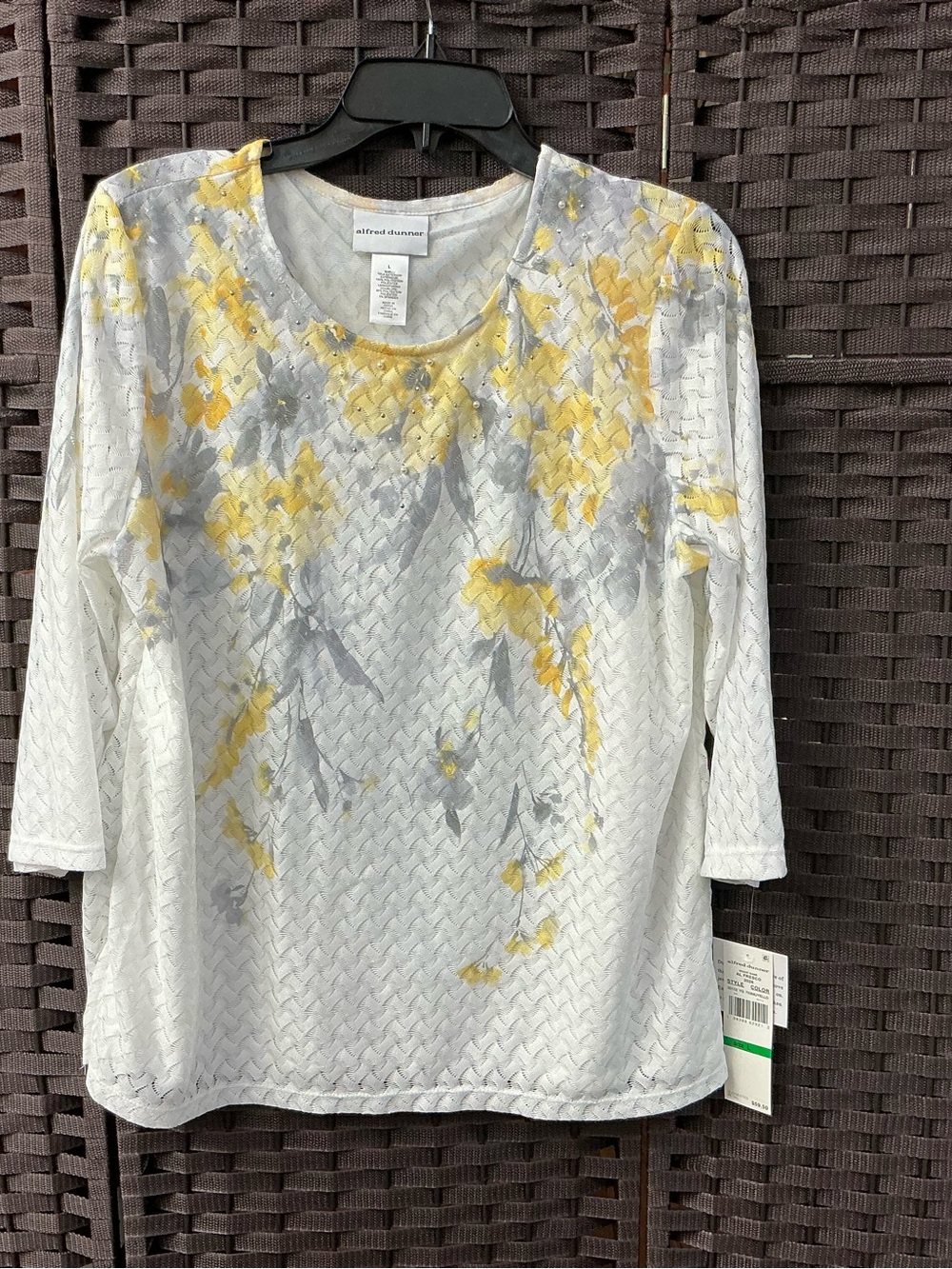 Alfred Dunner White Knit Top with Yellow & Gray Floral Print